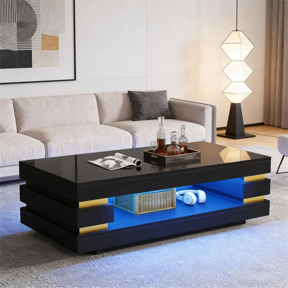 Tavolino da Caff¨¨ con Vano Contenitore e LED ¨C MINIMAL ¨C MDF Nero Lucido 100x50x35