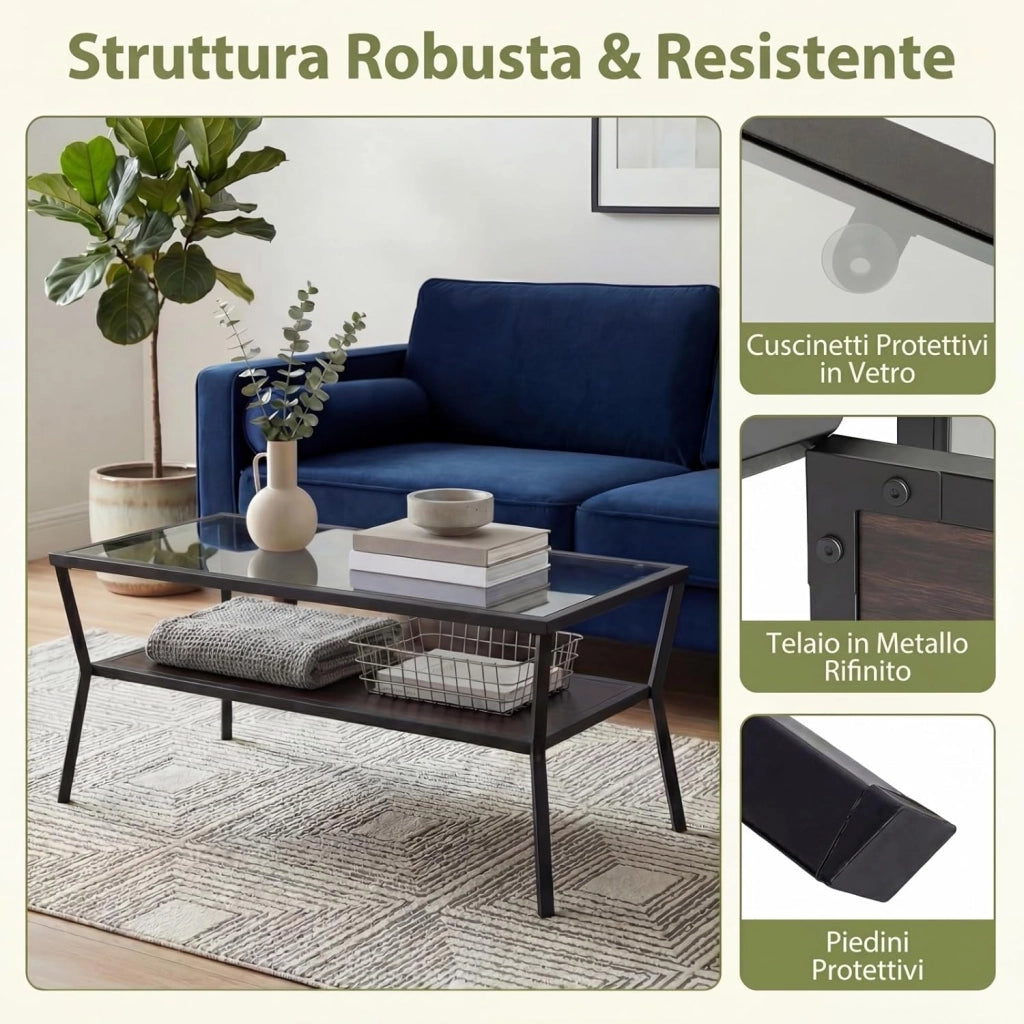 Tavolino da Caffè a 2 Livelli, Tavolino Rettangolare con Piano in Vetro Temperato e Struttura in Metallo, Tavolo Moderno con Ripiano per Soggiorno e Ufficio, 106,5 X 50,5X 46,5 CM