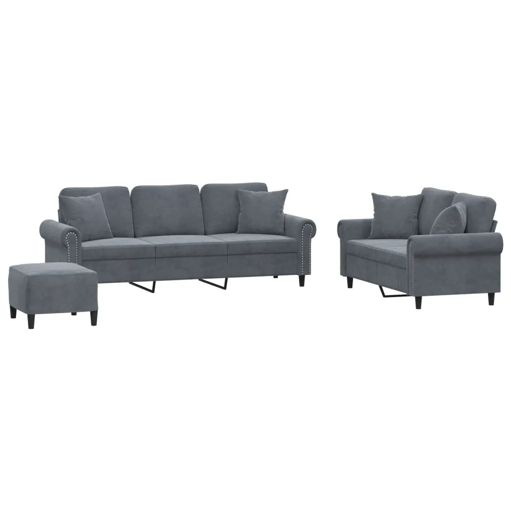 Set di Divani 3 pz con Cuscini Grigio Scuro in Velluto