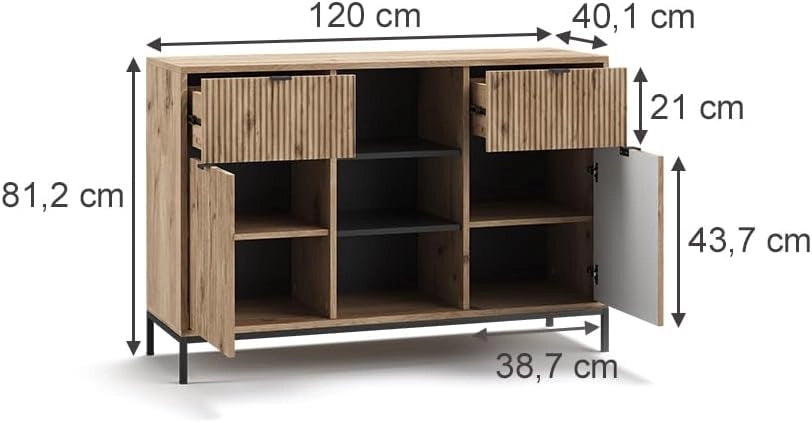 Cassettiera per camera da letto Eliza, Quercia vichinga, 120 x 81.2 cm con 2 cassetti e 2 ante, combinabile con altri mobili della serie Eliza