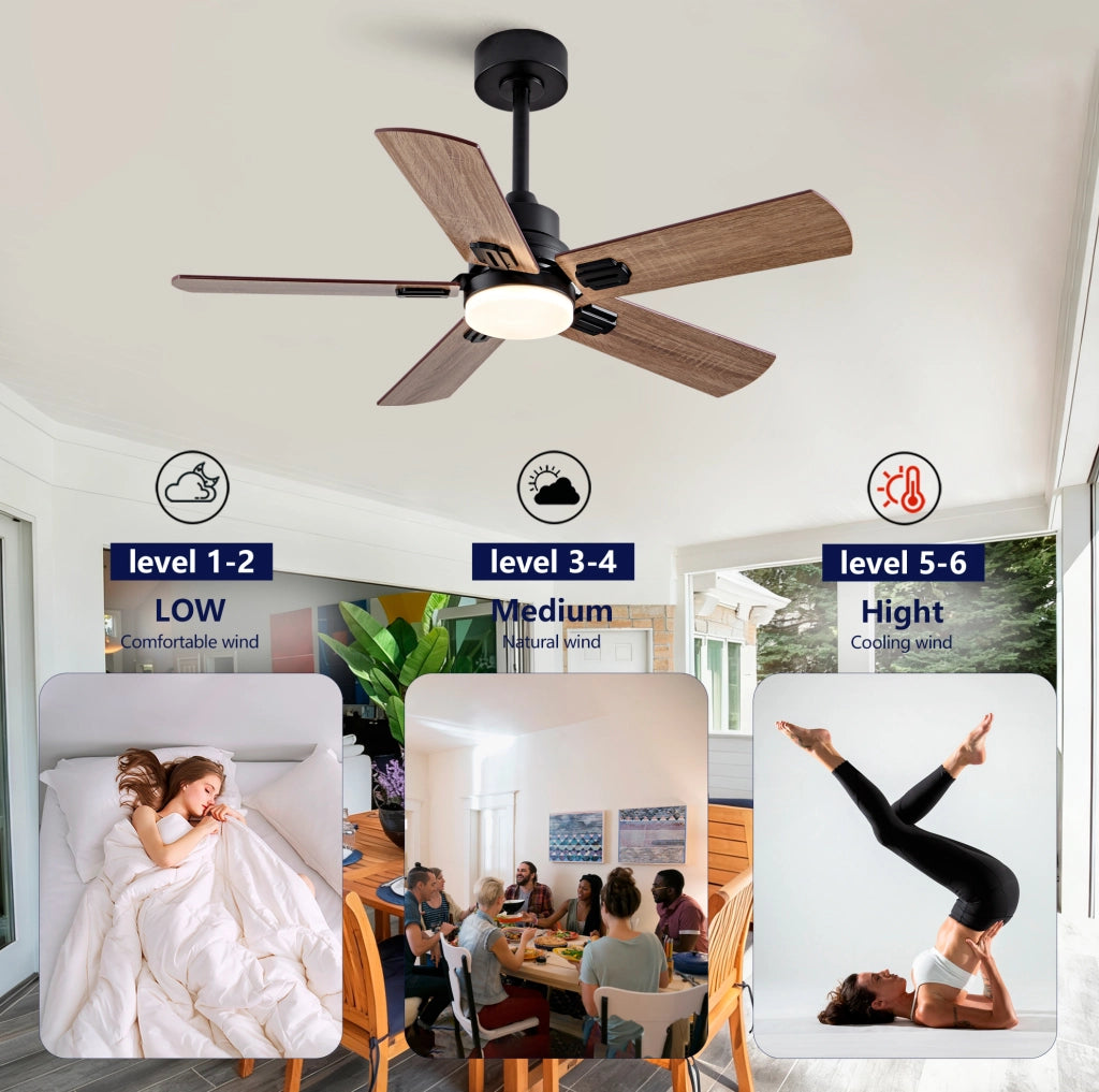 Ventilatore da soffitto 42 pollici con luce LED dimmerabile; 6 velocità; nero e noce