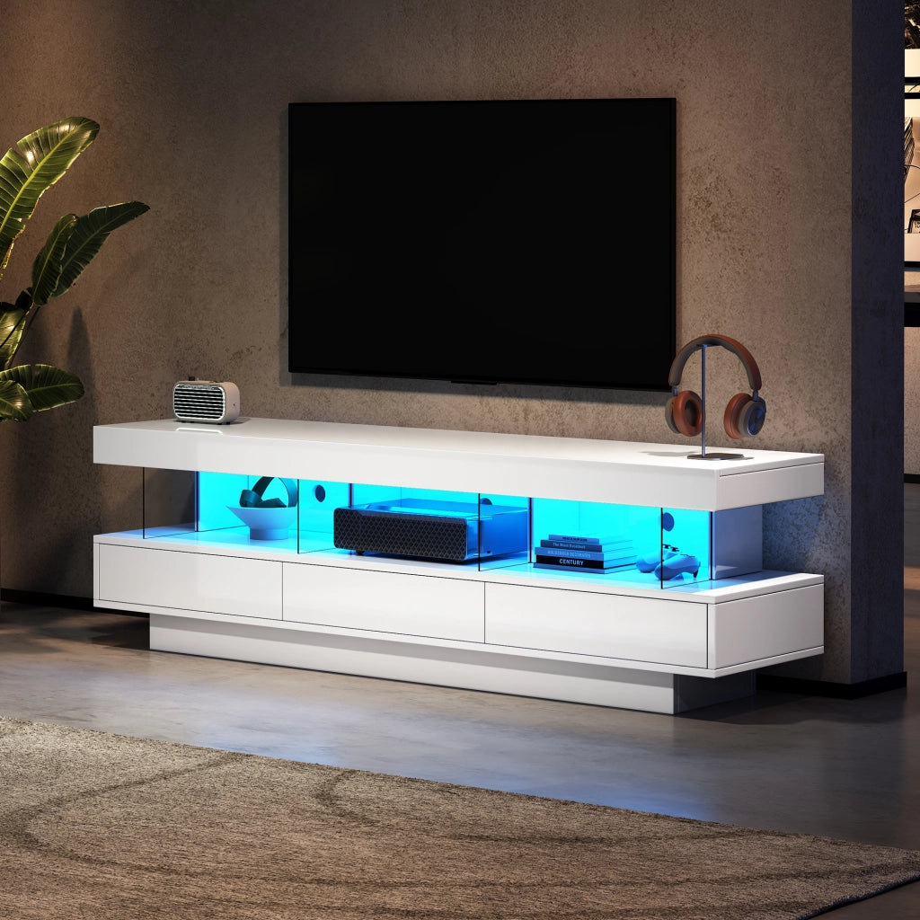 Mobile TV con 3 vani in vetro e LED Bluetooth - per soggiorno - 160x38x50.5 cm - bianco
