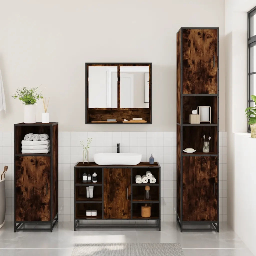 Set Mobili da Bagno | Armadio da bagno 3 pz Rovere Fumo in Legno Multistrato
