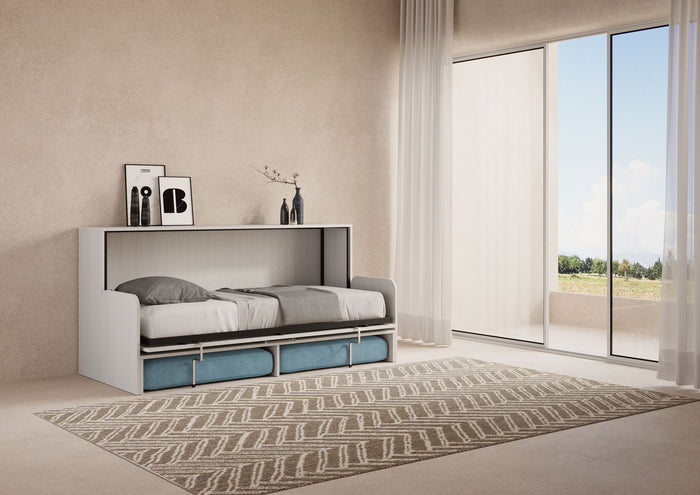 Letto Singolo A Scomparsa Kando Con Divano Con Materasso Bianco Frassino e Azzurro