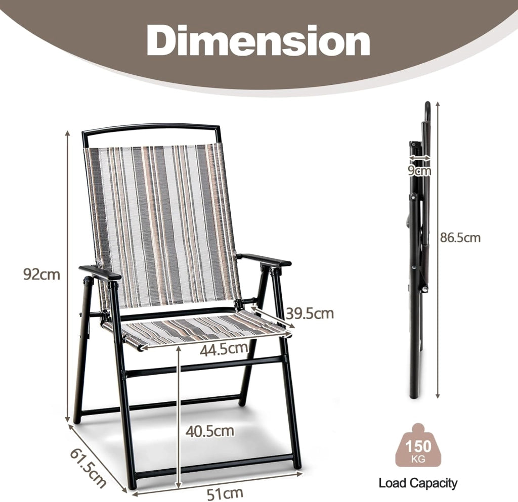 Set di 2 Sedie da Giardino Pieghevoli, Carico 150 kg, Sedie da Esterno con Schienale Alto, Poltrona da Balcone in Tessuto e Metallo, per Terrazza, Cortile, Sala da Pranzo, 51 x 61,5 x 92 cm