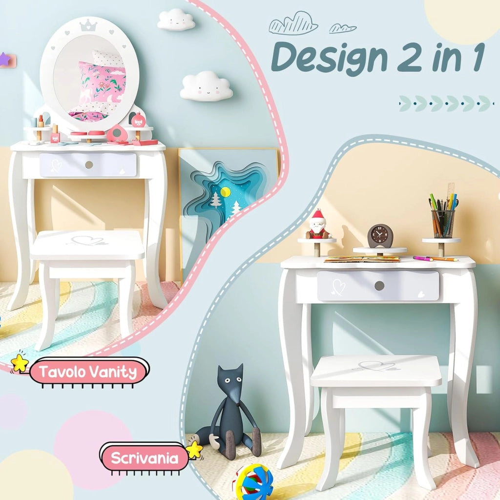 Toeletta Trucco 2 in 1 per Bambina, Specchiera Staccabile per Ragazza in Legno con Sgabello, Cassetto, Ripiani e Giocattoli, Postazione Trucco per 3 Anni, 50 x 34 x 93 cm, Bianco（Modello 1）