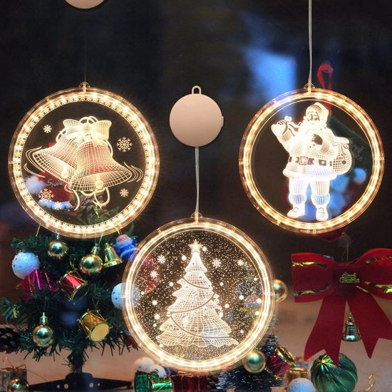 Set di 3 pezzi di illuminazione a forma di 3D per la festa di Natale, campanelle LED, decorazioni per l'albero di Natale e vetrine