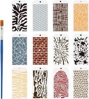 Stencil per disegno a texture con pennello 12x24cm - Tema misto per pittura su tessuti con camo, crepe, mattoni, leopardo, legno, impronte digitali e geometria