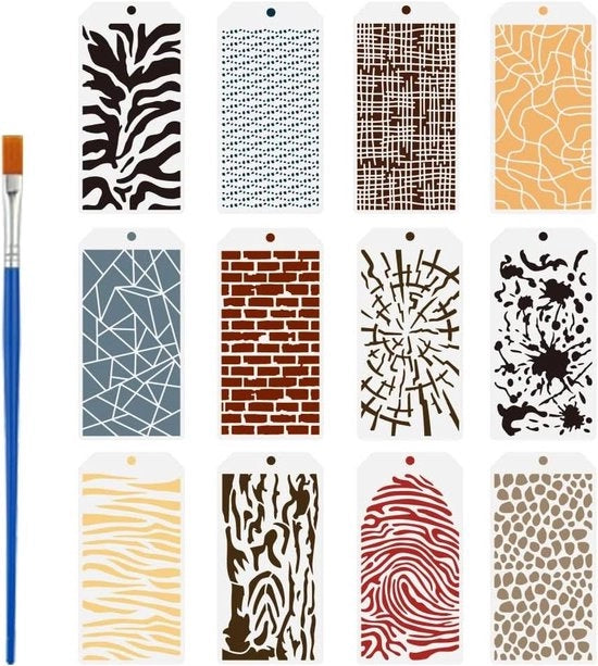 Stencil per disegno a texture con pennello 12x24cm - Tema misto per pittura su tessuti con camo, crepe, mattoni, leopardo, legno, impronte digitali e geometria