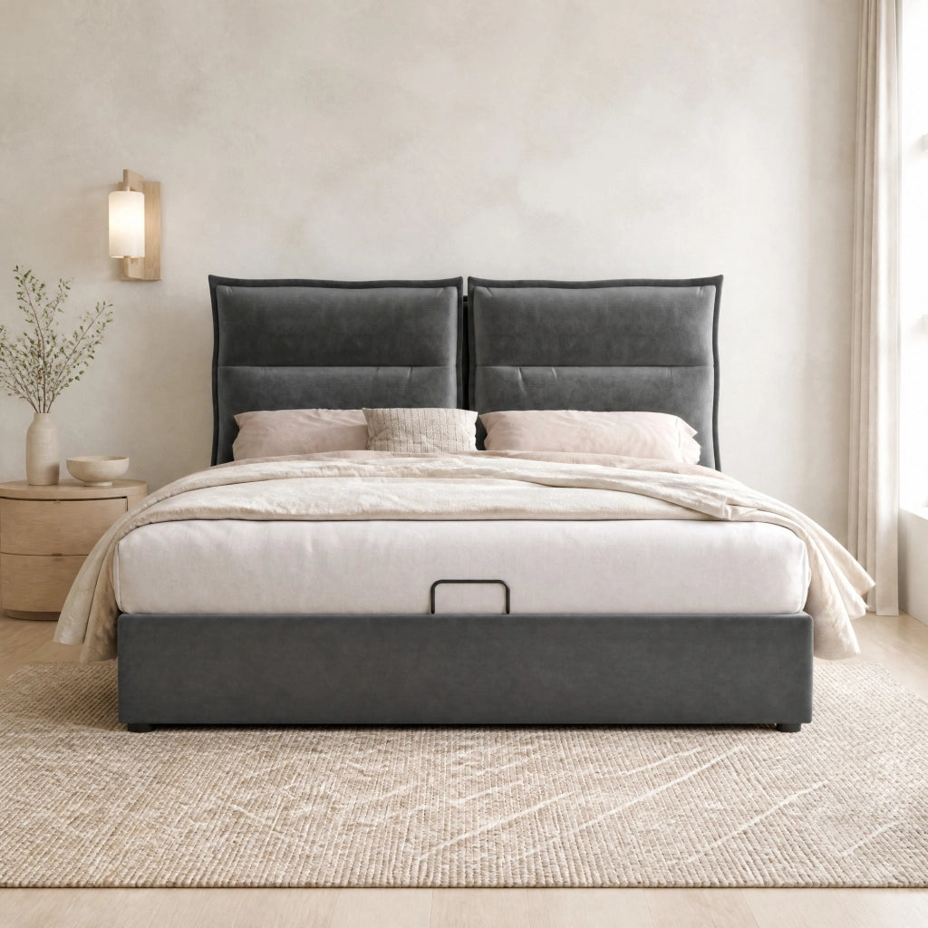 Letto matrimoniale imbottito 140x200 cm con testiera regolabile, rete sollevabile e contenitore, velluto grigio