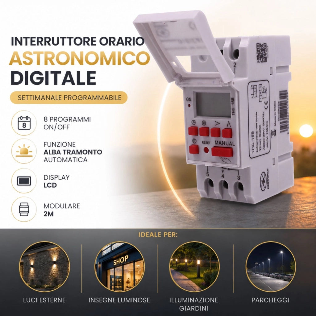 Interruttore Orario Astronomico Digitale, Timer Orologio Settimanale Programmabile Modulare, 8 ON/OFF, Display LCD, Funzione Alba Tramonto per Luci Esterne e Insegne