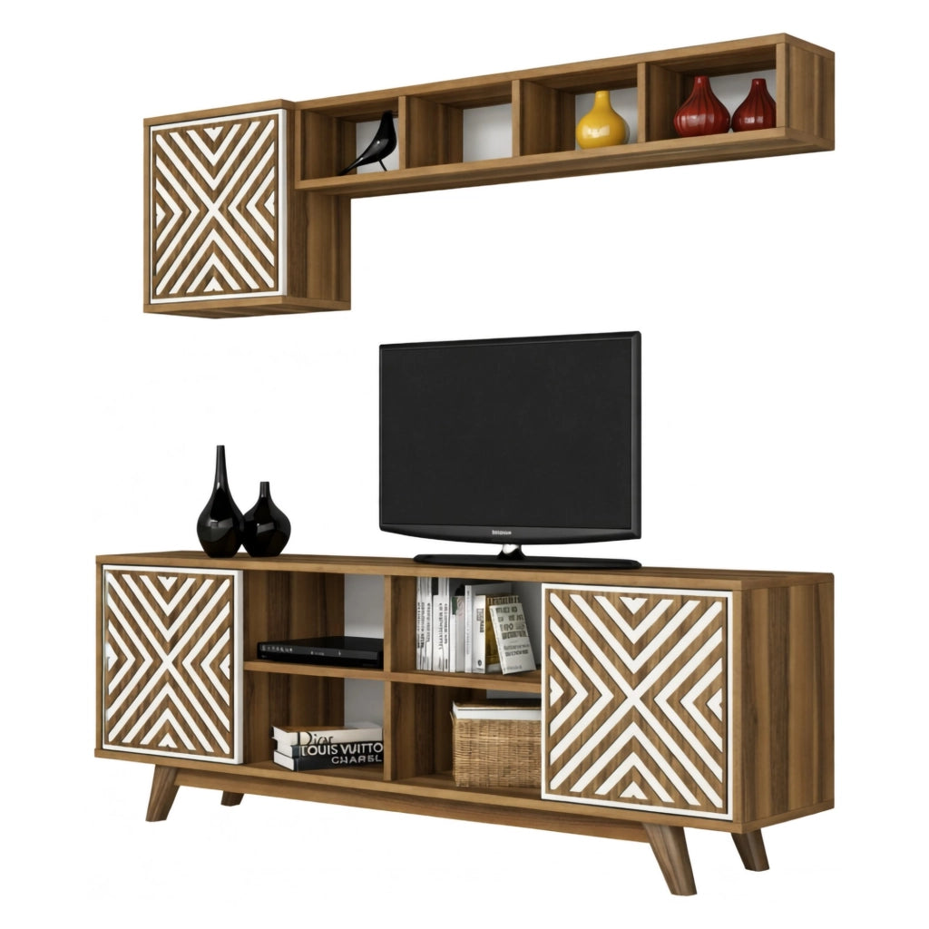 Mobile porta TV Drusilla, Credenza da soggiorno, Armadio basso per TV, Base parete attrezzata, 160x35h56 cm, Noce e Bianco