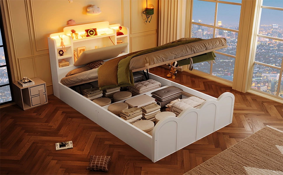 DESMIU Letto contenitore 90 × 200 cm 1 piazza con USB, Type-C, LED, vano idraulico, senza materasso, bianco