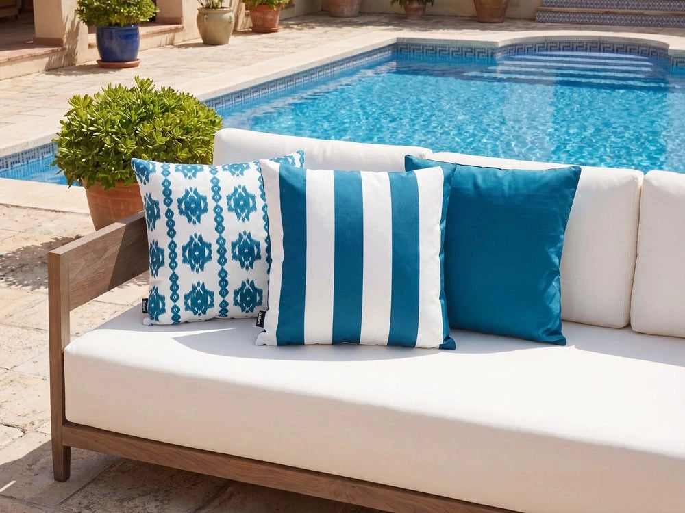 Set di 3 Cuscini Decorativi da Esterno Bianco e Blu in Poliestere per Giardino