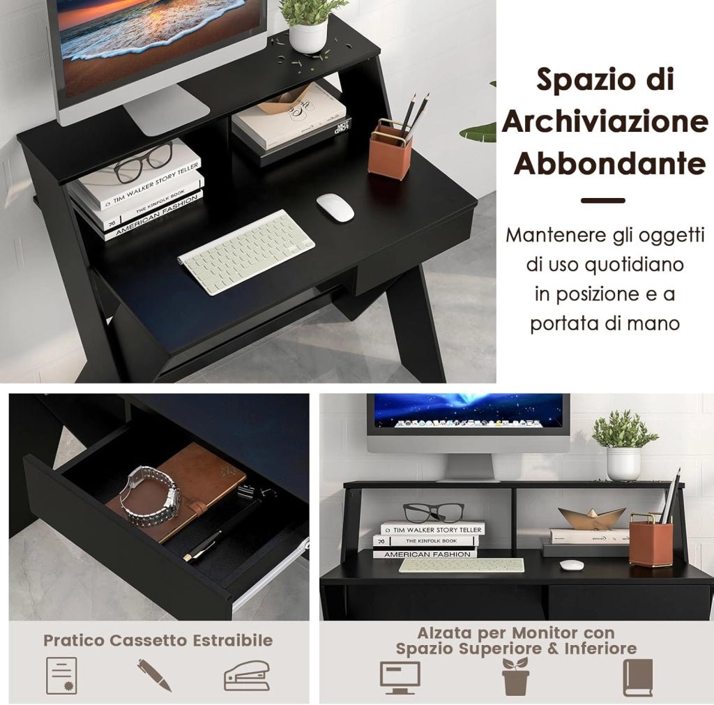 Scrivania per Computer in Legno, Scrivania con Cassetto, Portaoggetti e Supporto per Monitor, Poggiapiedi e Gambe a Forma di X, Ideale per Ufficio e Casa (Black)