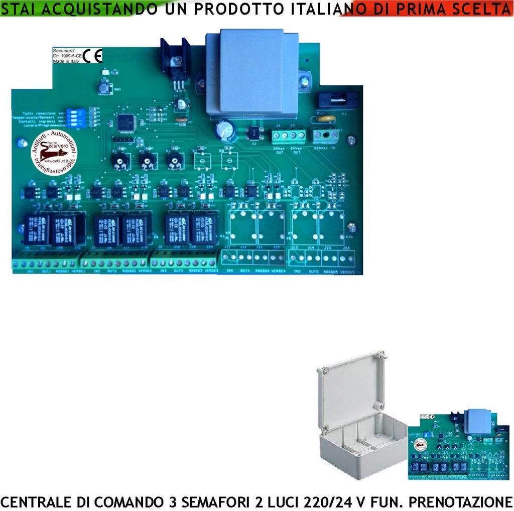 Centrale Comando 3 Semafori a 2 luci Rossa e Verde 220/24 V Funzioni Prenotazione Manuale o da Sensori Tempi Regolabili Lavoro da 5 a 180” Sgombero da 5 a 40”
