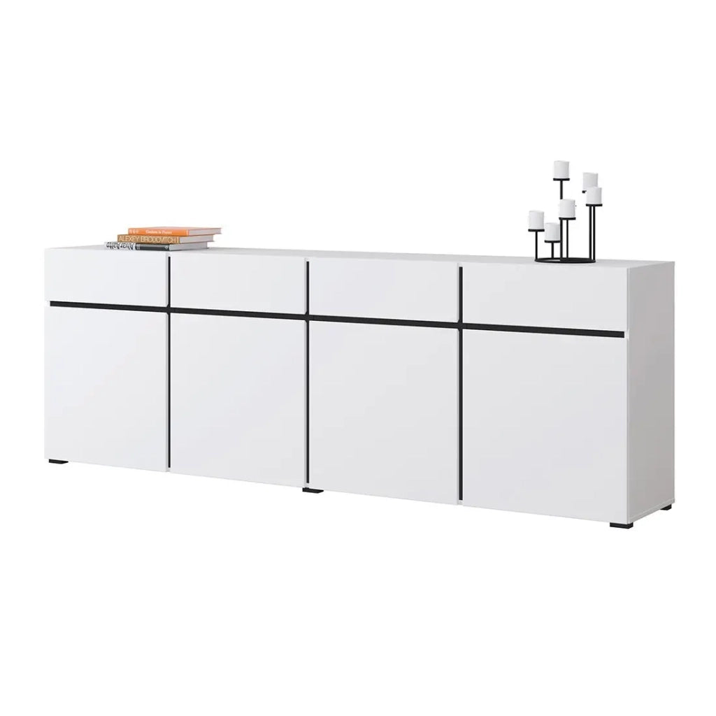 Buffet XL colori bianco e nero 225cm collezione HAVANA. Credenza design con 4 porte e 4 cassetti.