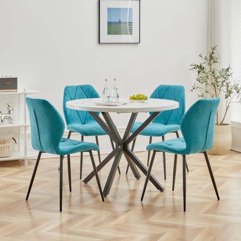 GrandCA HOME Set Tavolo e Sedie da Pranzo, Tavolo da Pranzo Rotondo da 100 CM e 4 Sedie Moderne in Lino, per Sala da Pranzo, Cucina, Soggiorno (Colore Marmo + Blu Lago)