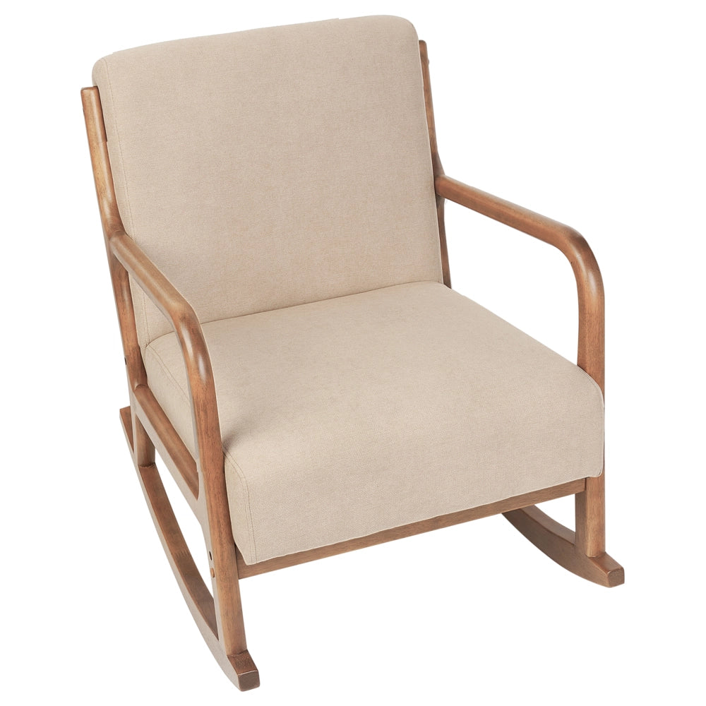 Sedia a dondolo Beige Tessuto Gambe in legno con braccioli e cuscino Soggiorno classico tradizionale