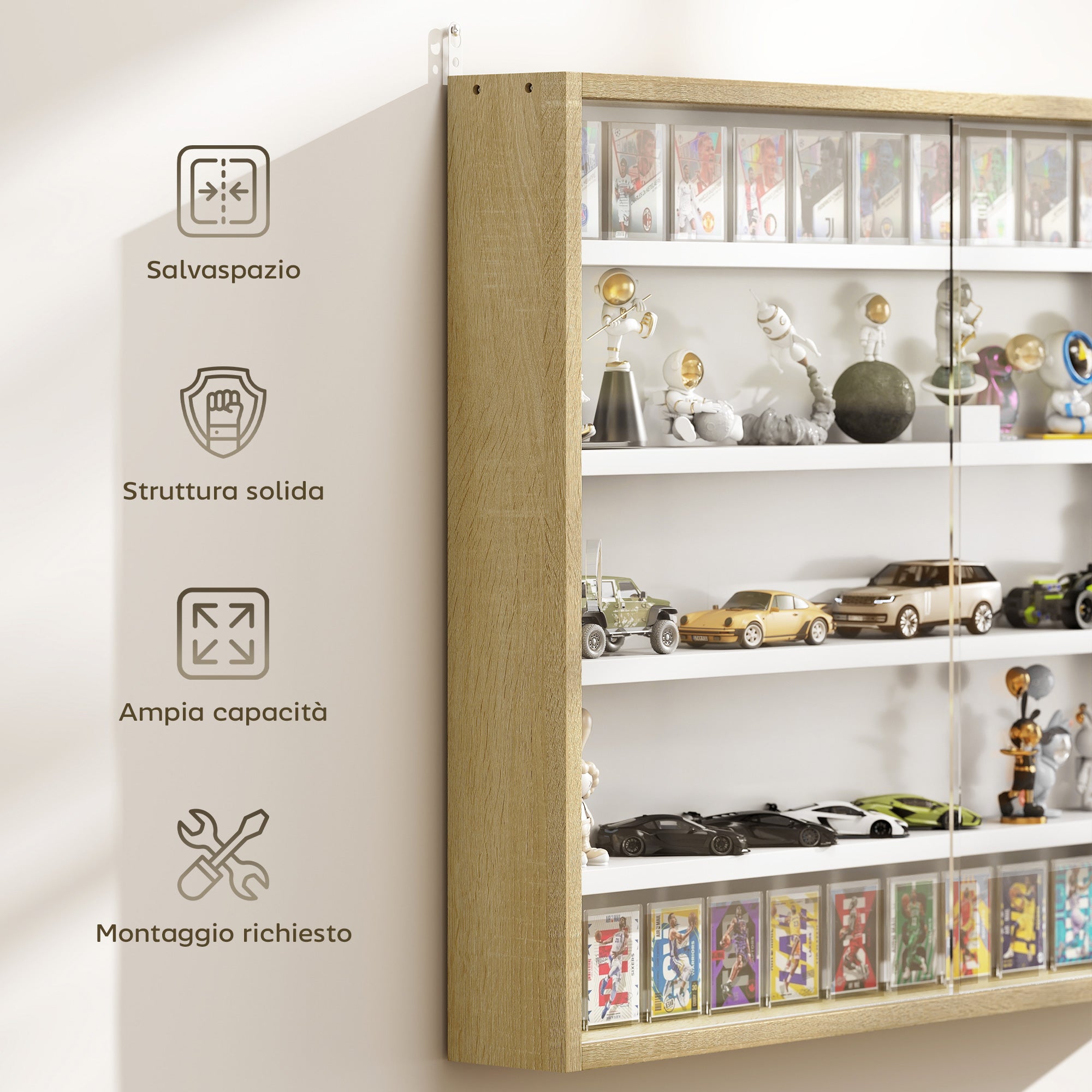 Bacheca Vetrina a Muro con 4 Ripiani Regolabili 80x9.5x60cm Bianco e Legno