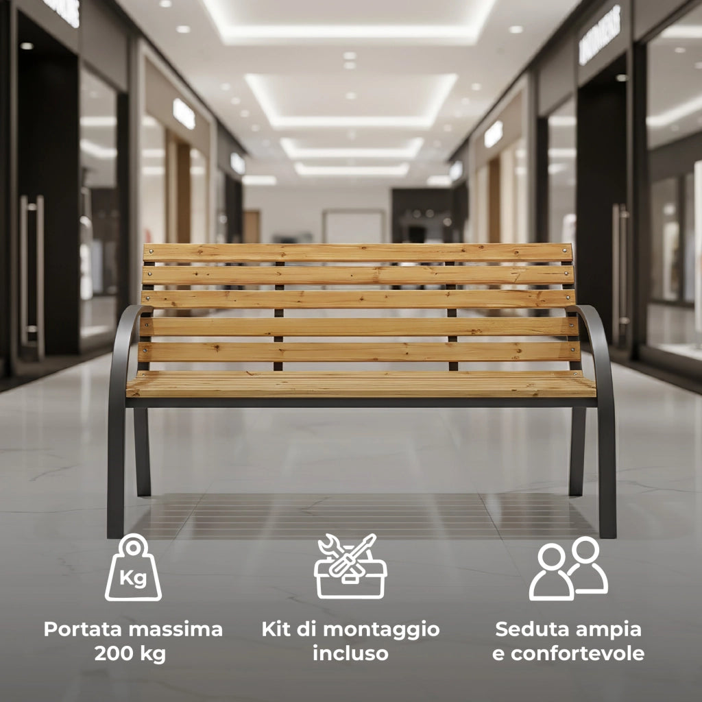 Panchina da Giardino 2 Posti in Legno e Acciaio 120 cm con Braccioli – Panca da Esterno per Terrazzo, Balcone e Giardino – Design Resistente e Comfort Naturale