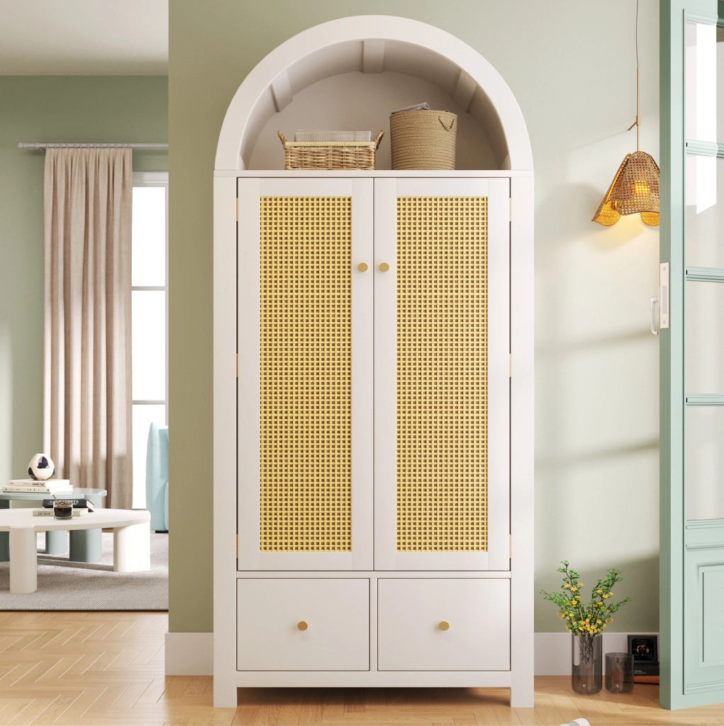 Armadio guardaroba con arco e intreccio in rattan 181x78x45 cm; bianco in MDF e metallo