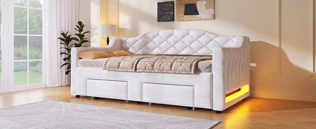DESMIU Divano letto 90 × 200 e 180 × 200 cm 2 posti con 2 cassetti, LED, senza materasso, bianco