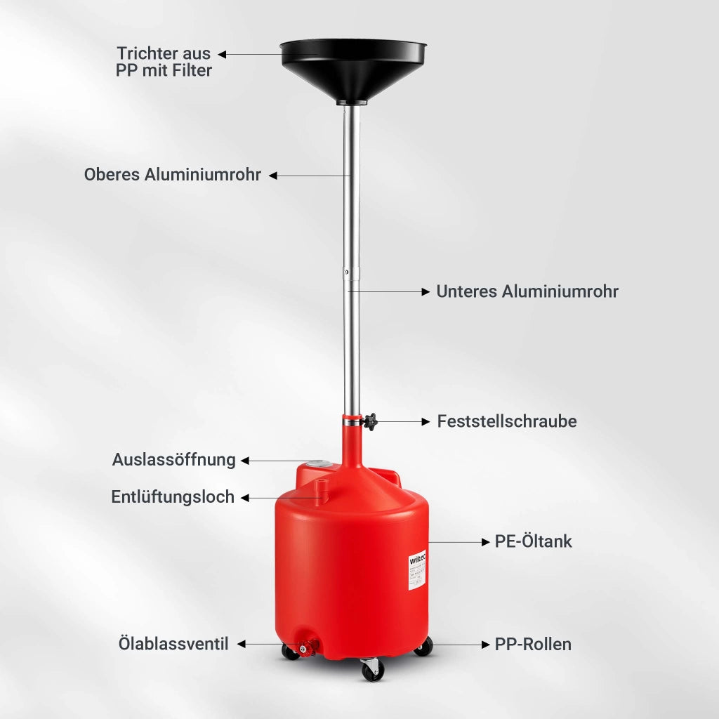 Recuperatore olio esausto a caduta con ruote, serbatoio 75 l, imbuto Ø 41 cm, carrello per recupero olio auto con ruote, altezza regolabile 145-185 cm, per cambio olio