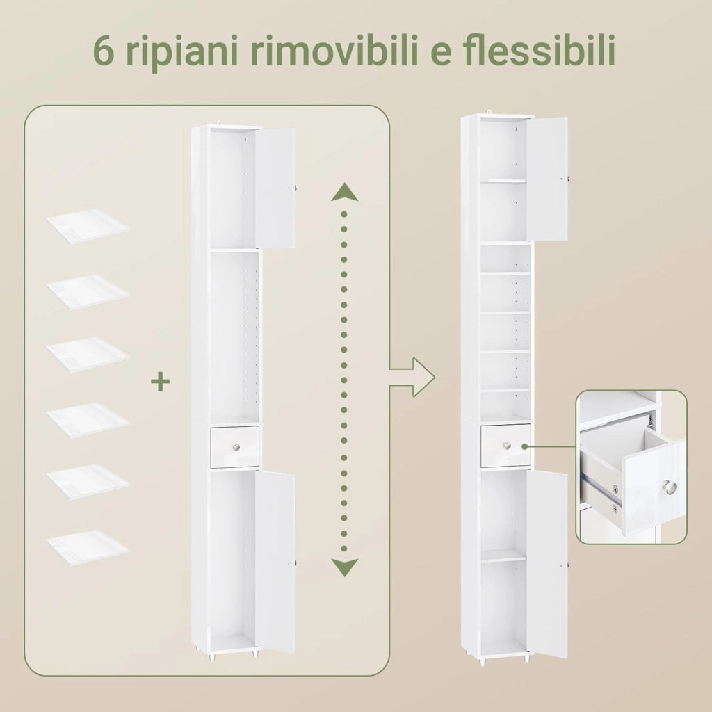 Bianco Lucido Mobile Bagno Salvaspazio Colonna Bagno - Mobiletto Bagno Stretto 20x20x180cm con 6 Ripiani Regolabili e Cassetto - Armadietto Bagno Alto per Piccoli Spazi BZR167-GW