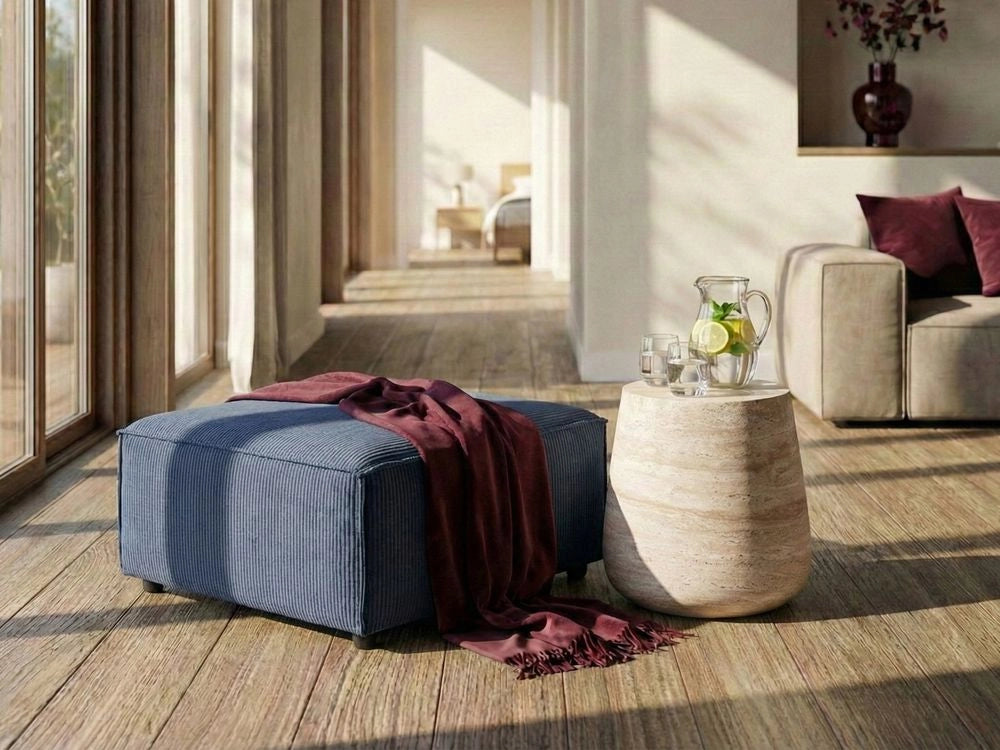 Ottomana imbottita in velluto a coste Blu scuro gambe nere Stile moderno