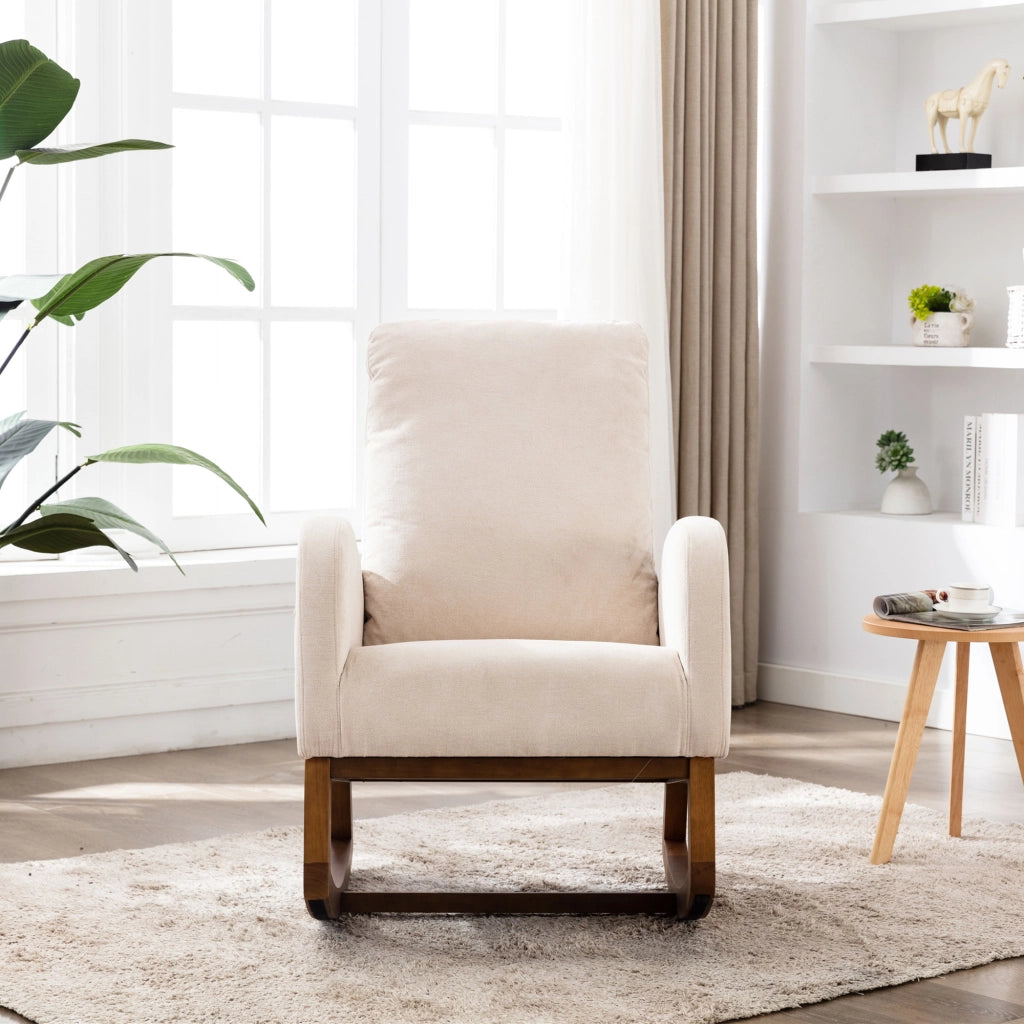 Sedia a dondolo con schienale alto e tasche laterali in lino beige con braccioli lunghi e gambe in legno di gomma