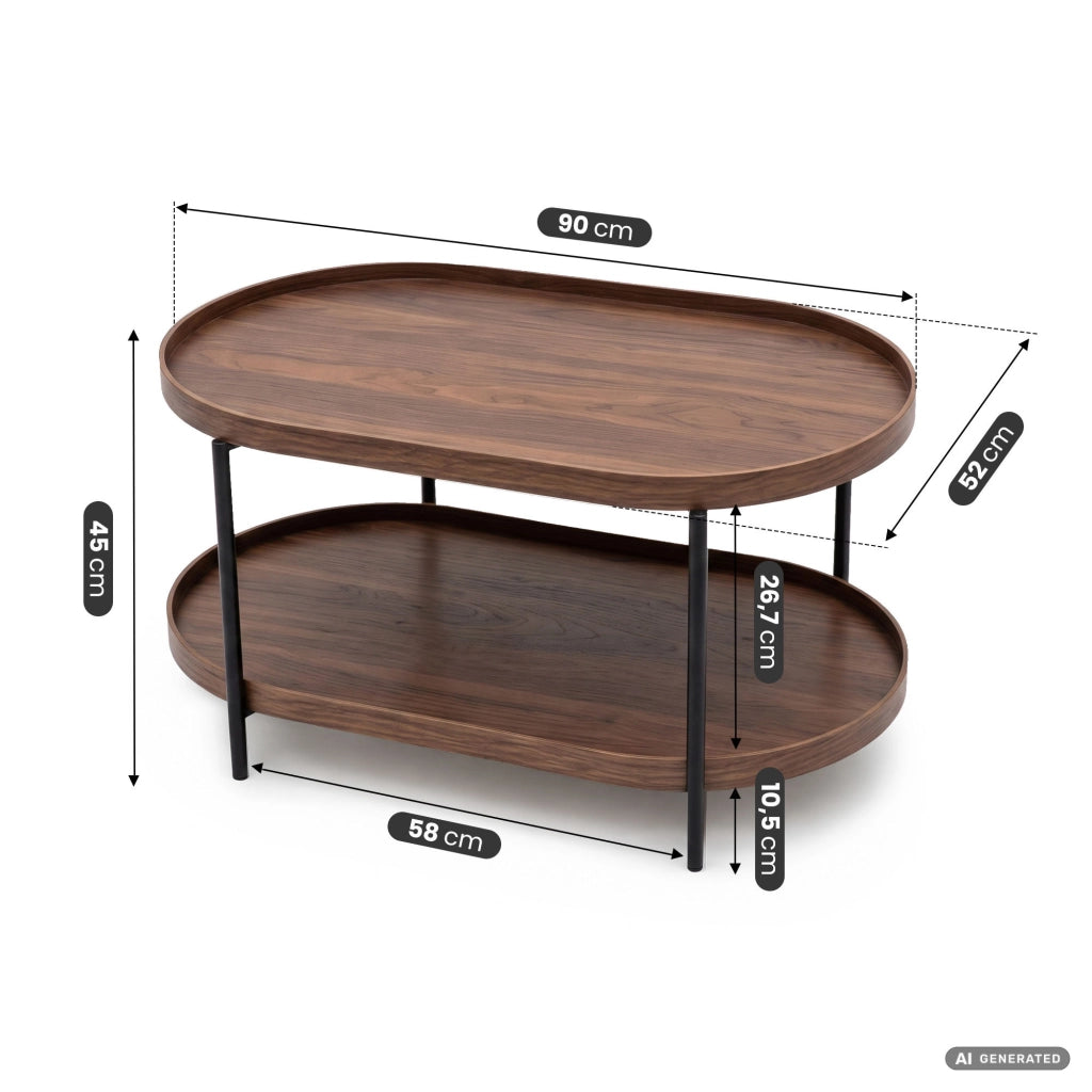 Tavolino da salotto stile loft CORTADO 90 cm ovale con ripiano noce gambe nere