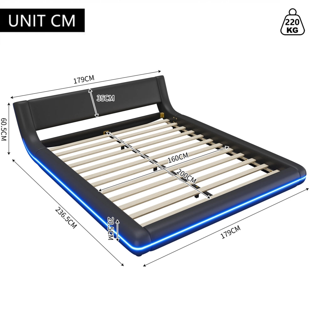 Letto a pavimento 160x200 cm in PU nero con LED RGB controllabili tramite app
