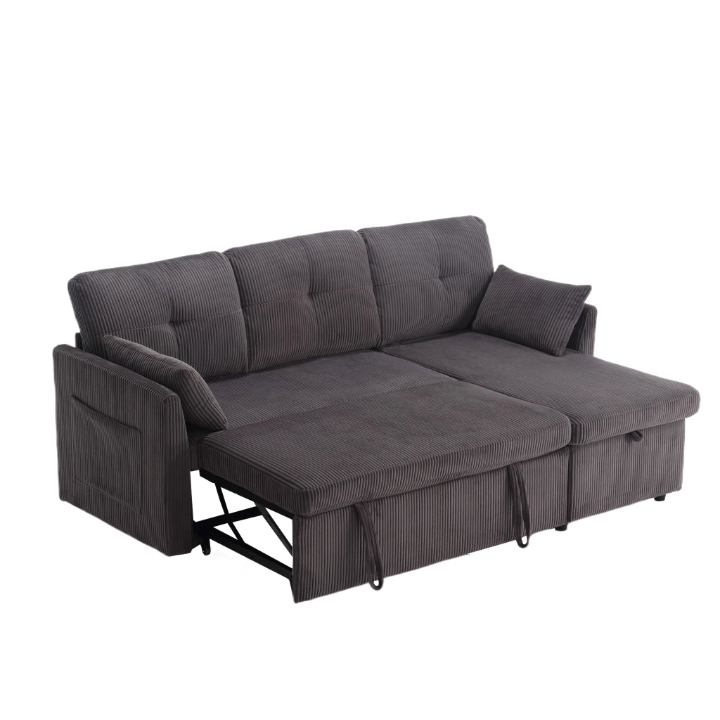 Divano letto angolare modulare con contenitore e chaise longue reversibile in velluto a coste grigio scuro