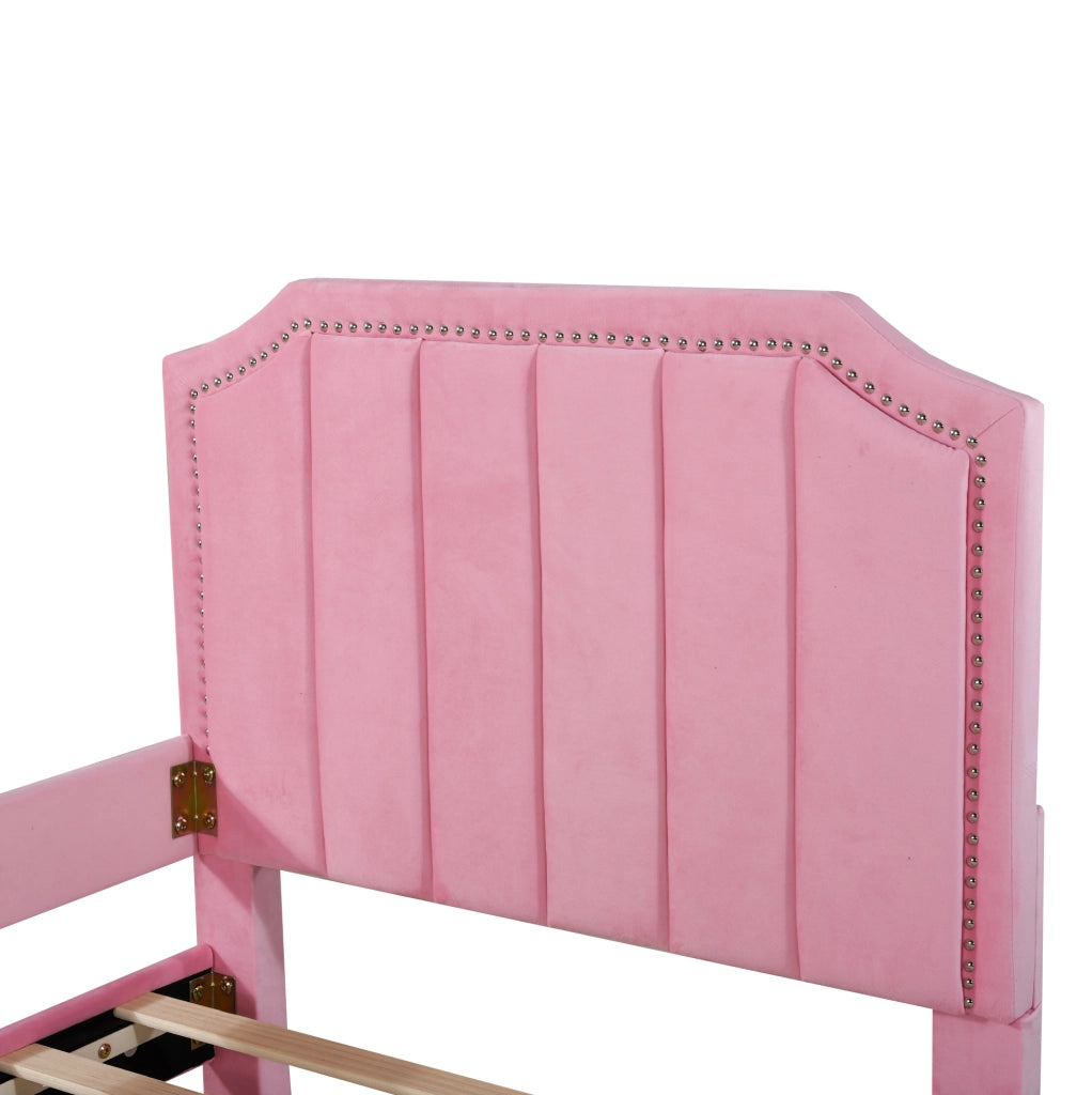 Polsterbett 90x200 cm in flanella rosa con testiera e pediera