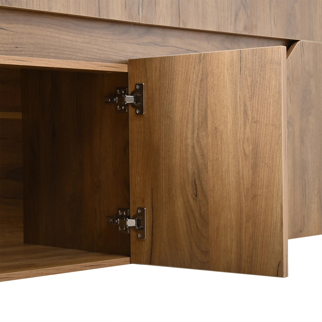 Credenza e madia con piano in vetro temperato, 2 cassetti e ante, per soggiorno, in MDF, naturale, 140 × 40 × 70 cm