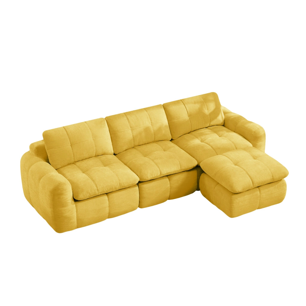 Divano modulare 3 posti - con chaise longue e pouf - per soggiorno - in chenille gialla