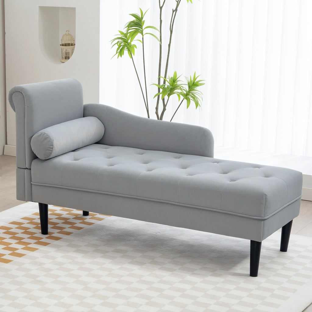 Chaise Longue ¨C Xylo ¨C Velluto Grigio Trapuntato, Legno Massello, 146x61x82.5 cm