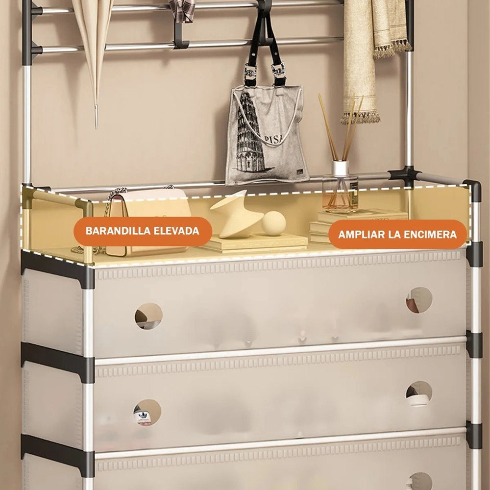 Trade Shop - Appendiabiti 8 Ganci Scarpiera 4 Ripiani Organizer Scarpe Armadio Multifunzione In Acciaio -