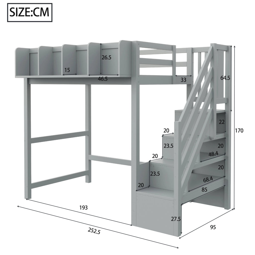 Letto a soppalco 90 × 200 cm con barriera di sicurezza, ripiani e LED, senza materasso, in legno grigio