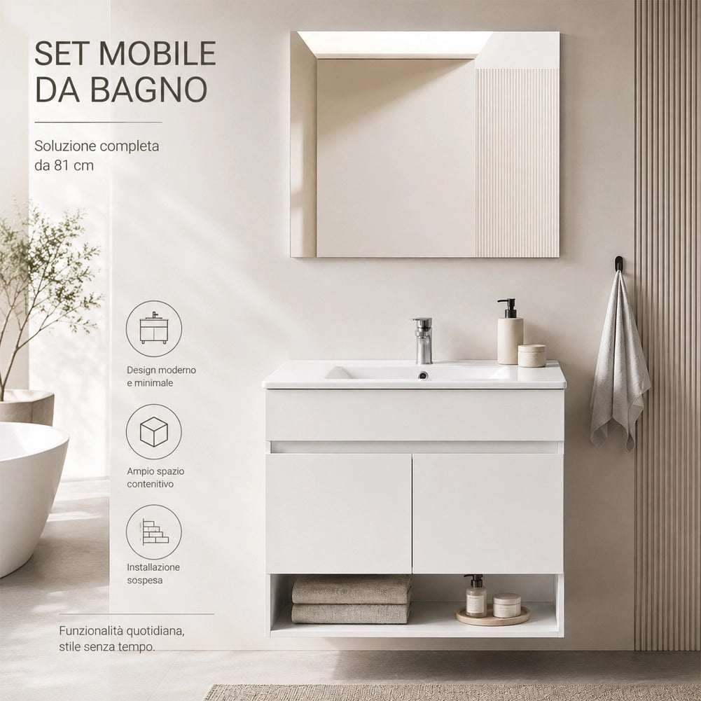 Set Completo Mobile da Bagno Sospeso 85.5cm Due Ante Bianco Specchio e Accessori