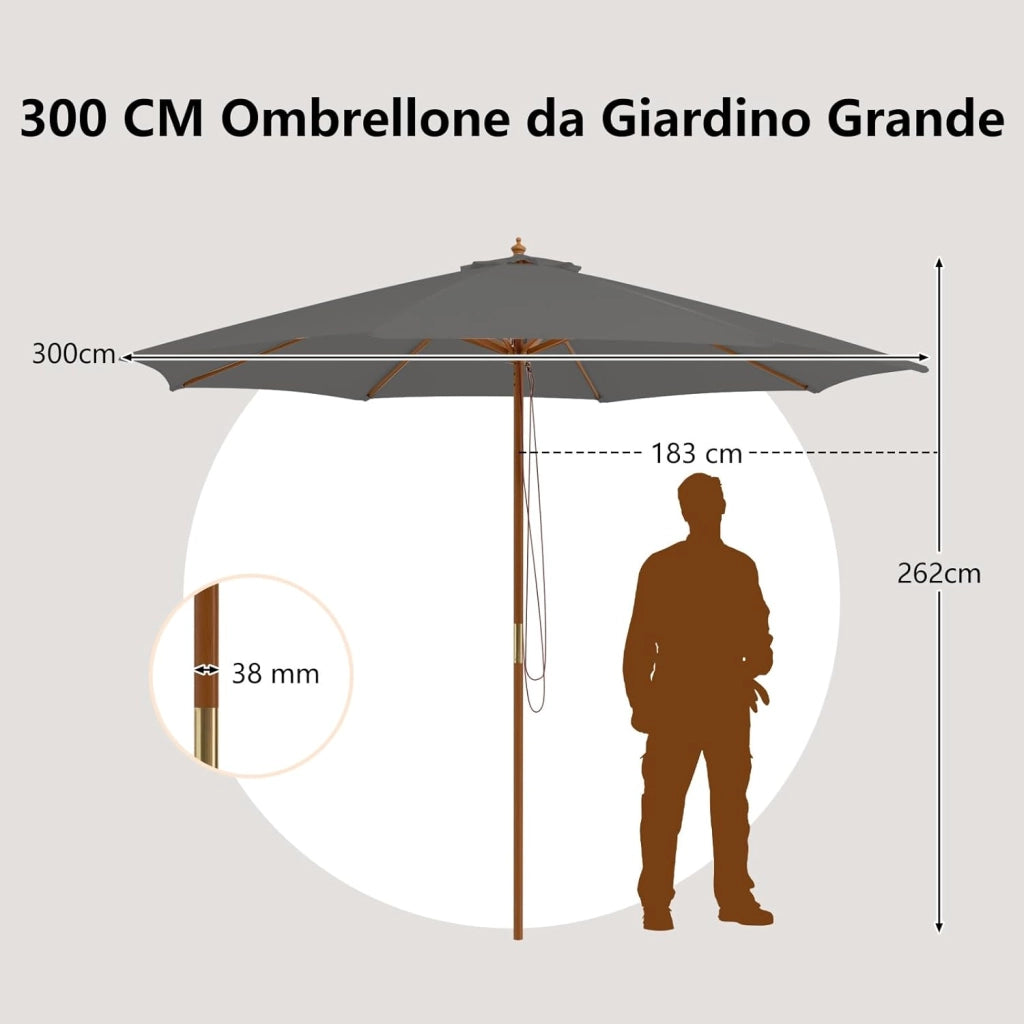 Ombrellone da Giardino 300 x 300 cm, Ombrellone Pieghevole con 8 Stecche di Bambù, 3 Altezze Regolabili, Ombrellone da Parasole Impermeabile, per Giardino Cortile Piscina (Grigio)