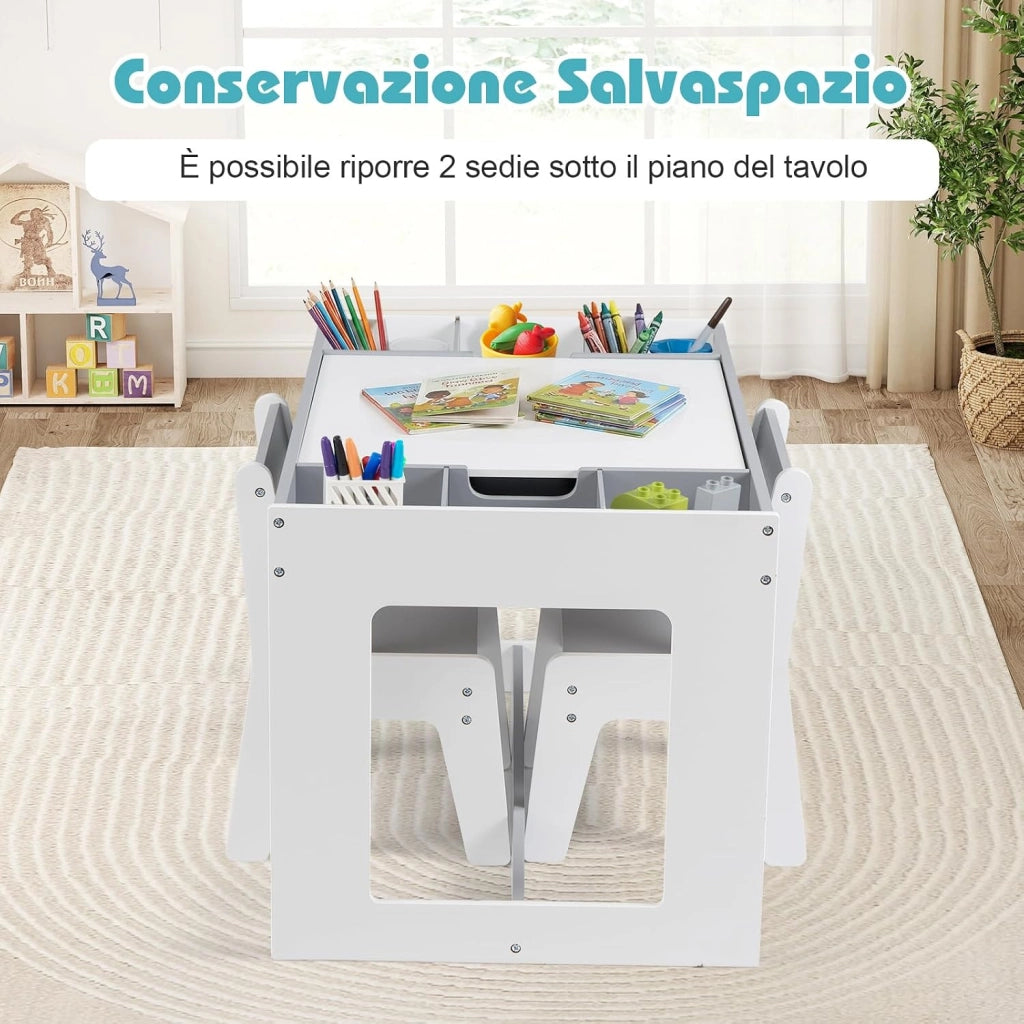 Set Tavolo Multifunzionale per Bambini e 2 Sedie, Tavolo e Sedie in Legno con Piano Doppio Rimovibile, Lavagna Nera & Lavagna Bianca, Compartimenti Laterali con Divisori Staccabili (Grigio)