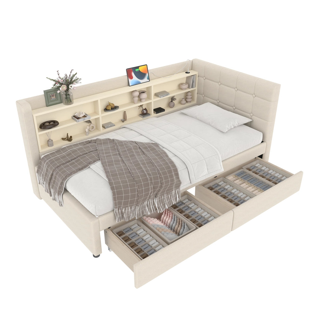 OKWISH Letto Divano 90×200 cm, Letto Singolo con 2 Cassetti, USB, Tipo C e Mensole, senza Materasso, in Lino, Beige