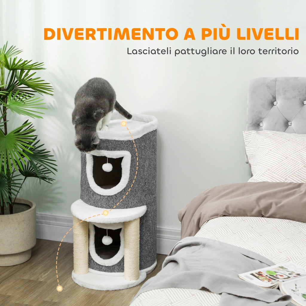 Albero Tiragraffi per Gatti Alto 76 cm con Casette Lettino Palline e Pali in Sisal Grigio
