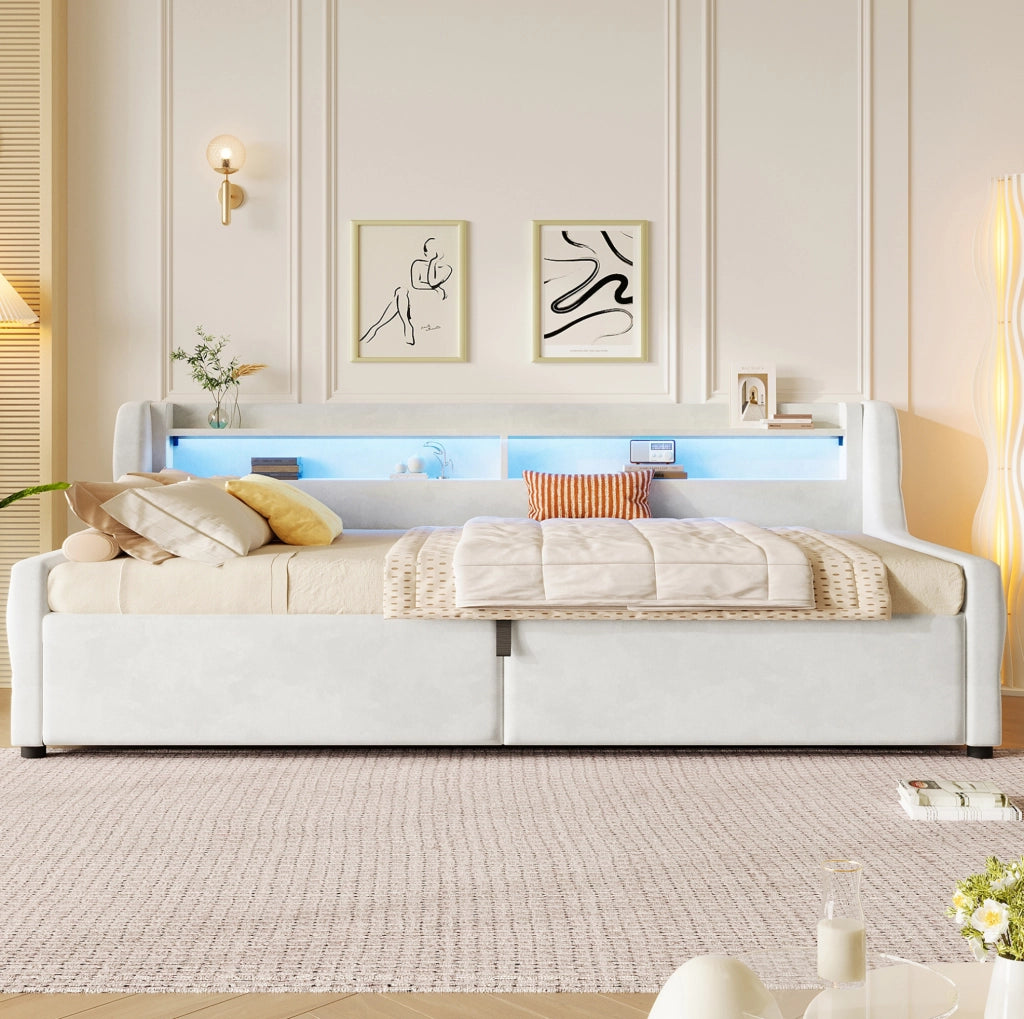 Letto imbottito 90x200 cm con contenitore idraulico e LED in flanella bianco sporco