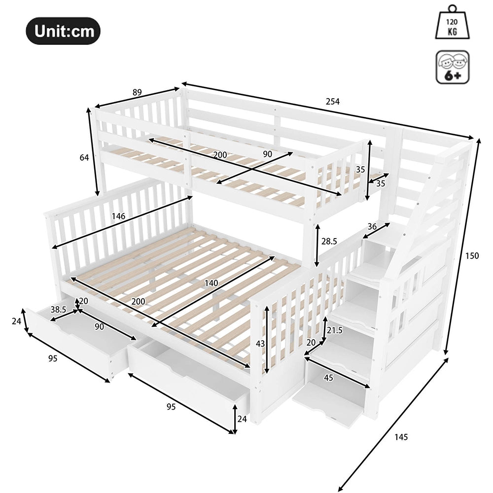 Letto a castello-Xylo-90x200+140x200cm, cassetti, multifunzionale