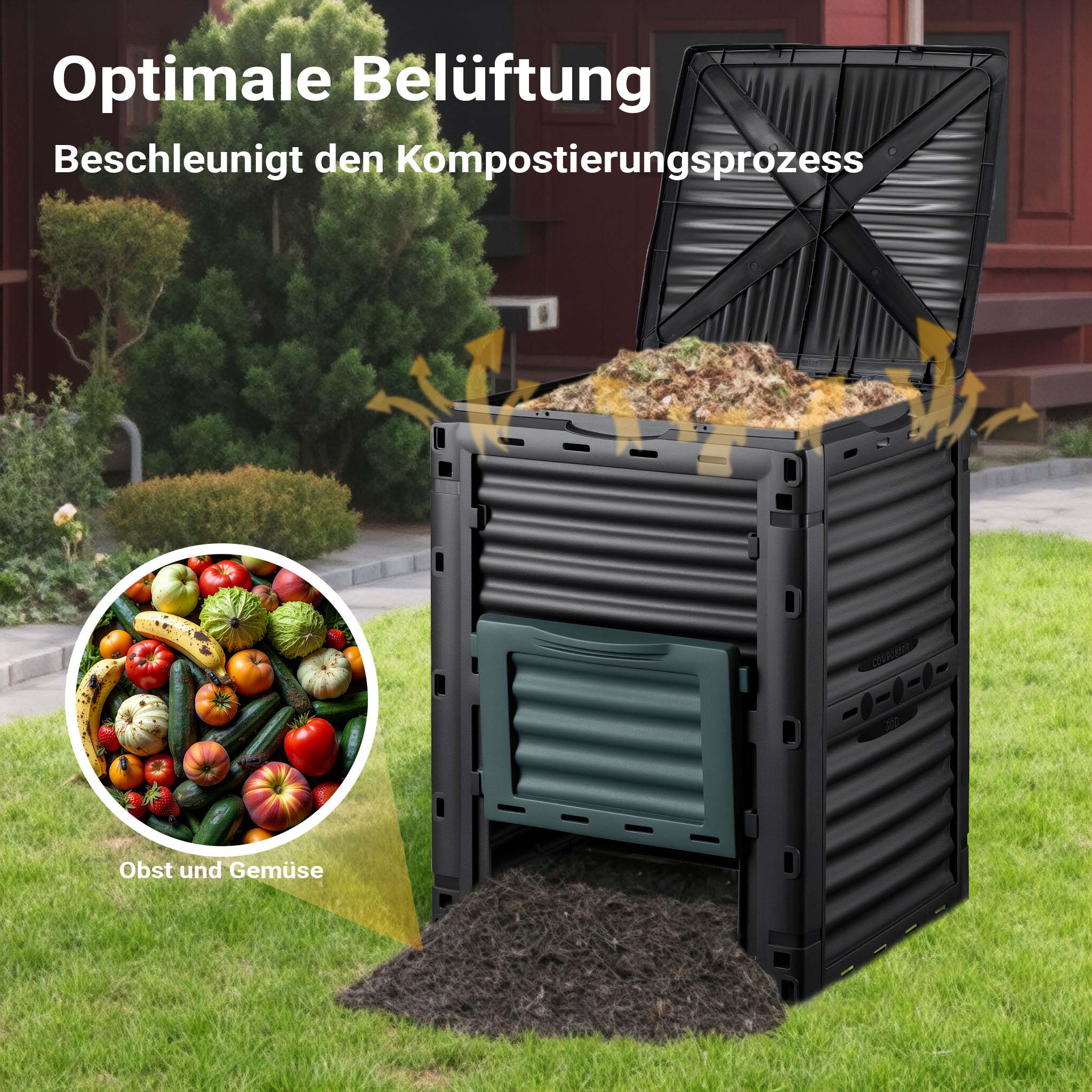 Compostiera da 300 litri 61 x 61 x 82 cm, compostiera da giardino in plastica per rifiuti organici, con coperchio e sportello inferiore per lo svuotamento