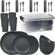 Servizi per campeggio in plastica (29 pezzi), insieme di servizio in plastica non frantumabile con scatola e utensili per 4 persone, servizio per picnic, servizio da tavola in plastica con piatti, ciotola, set di bicchieri per uso all'aperto, RV
