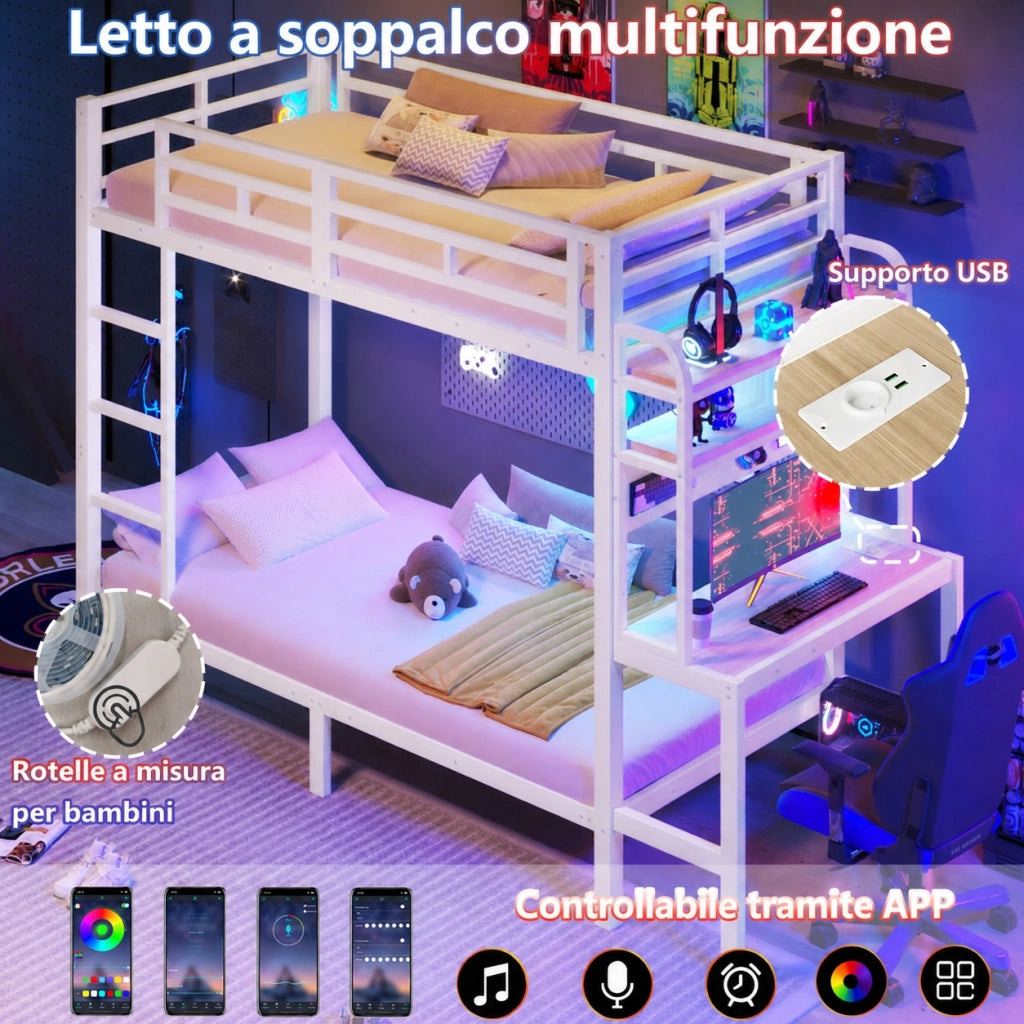 Letto a castello bianco 90 per 200 cm, con struttura in metallo, scrivania e luce LED, metallo e MDF